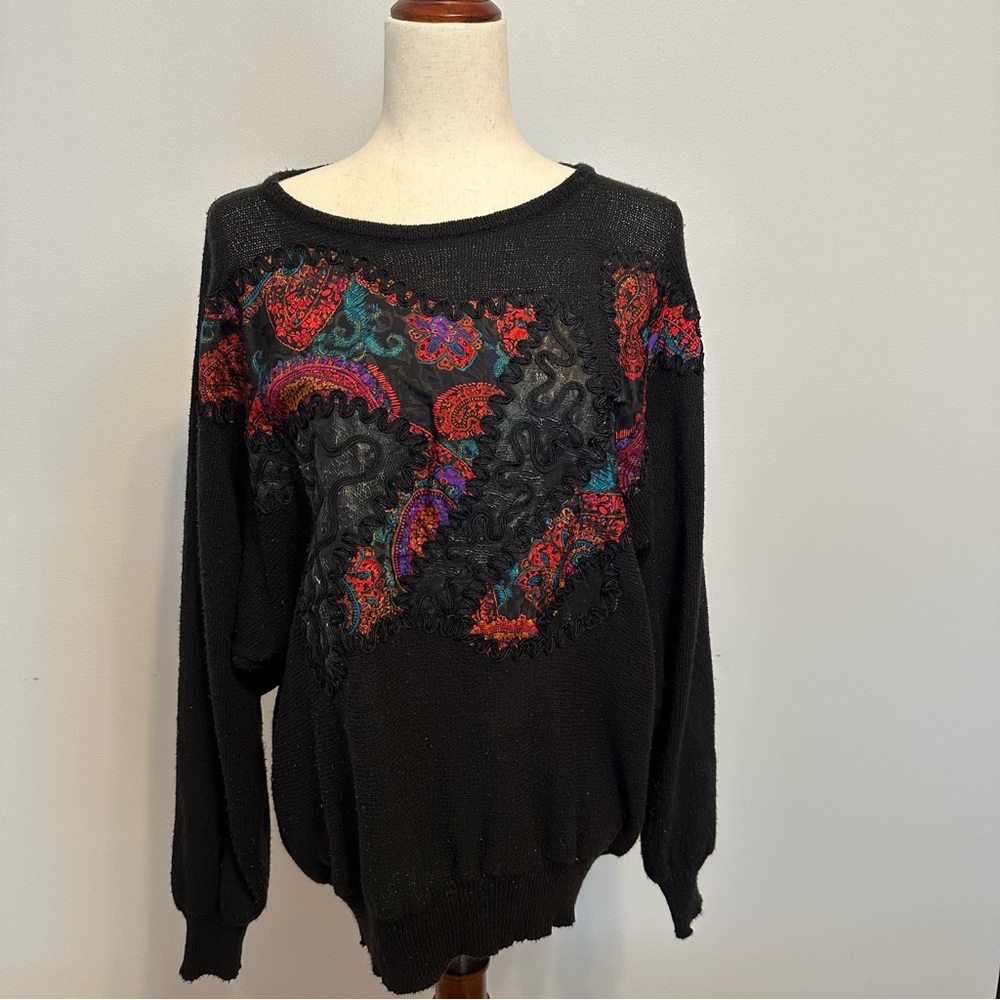 Black Crew Neck Sweater with Abstract Pattern
